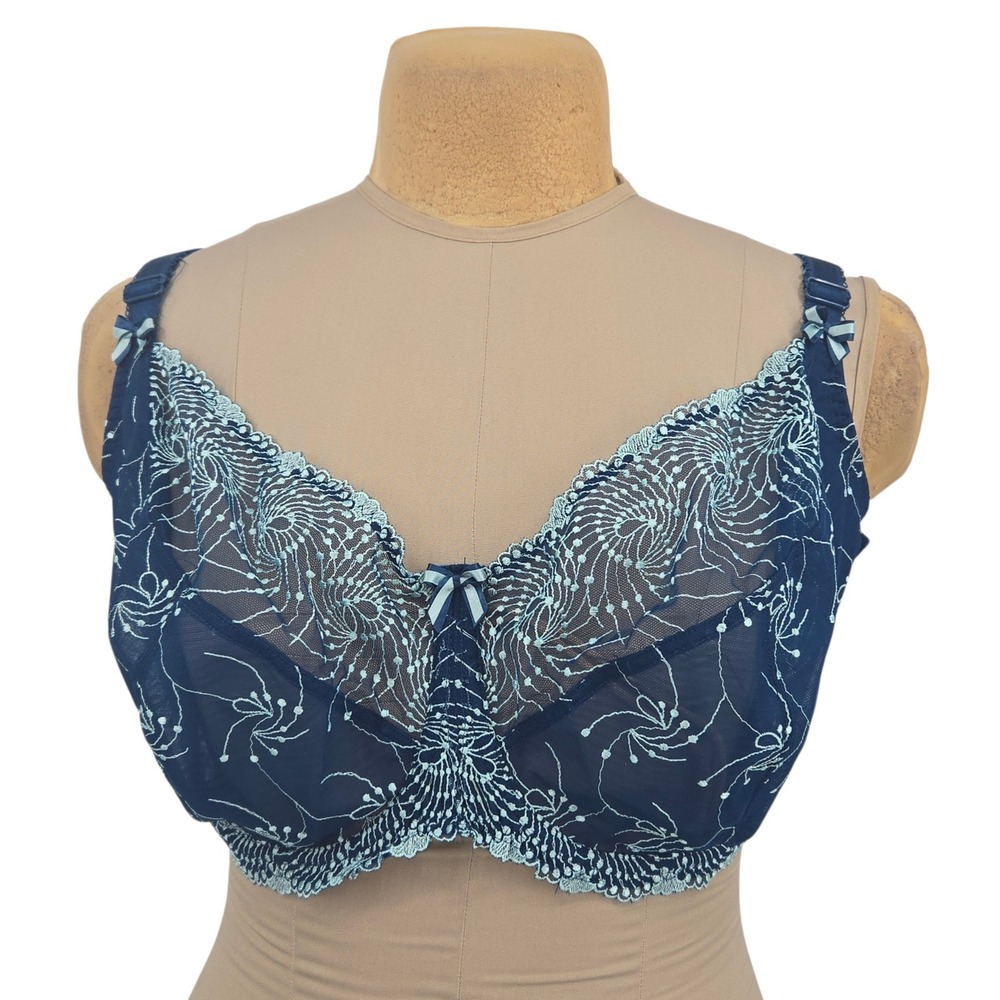 Fit Fully Yours Bra Women 44I Blue Lace Underwire Full Coverage Lingerie